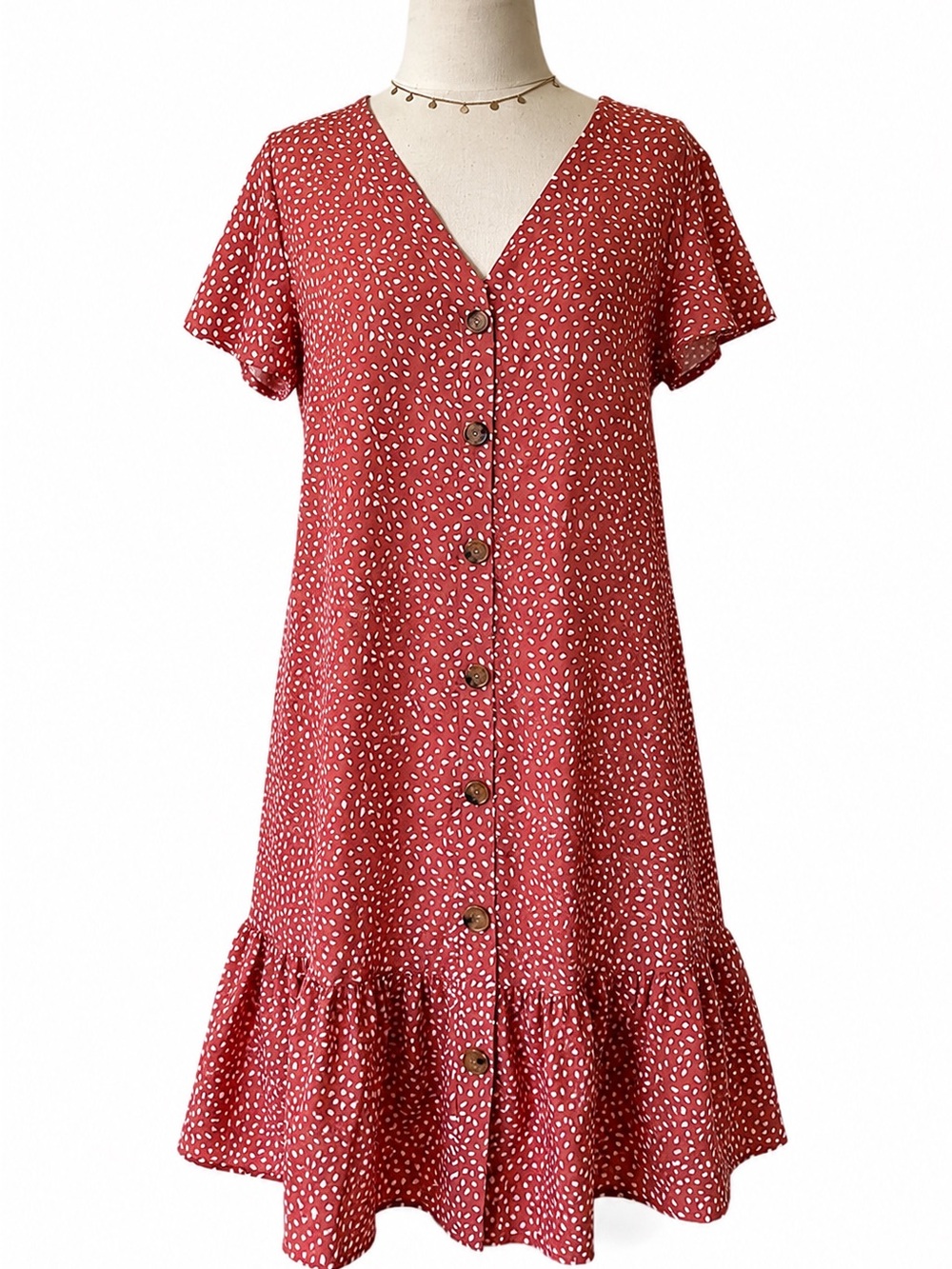 Terracotta Polka Dot Dress Cover up Button Front Ruffle Hem Summer V-Neck Swim